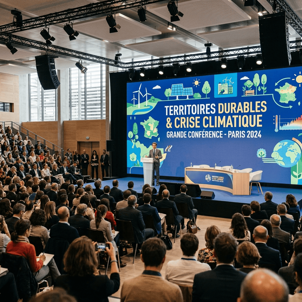 Climate conference in Paris with speaker, panel, audience, and sustainable territories backdrop